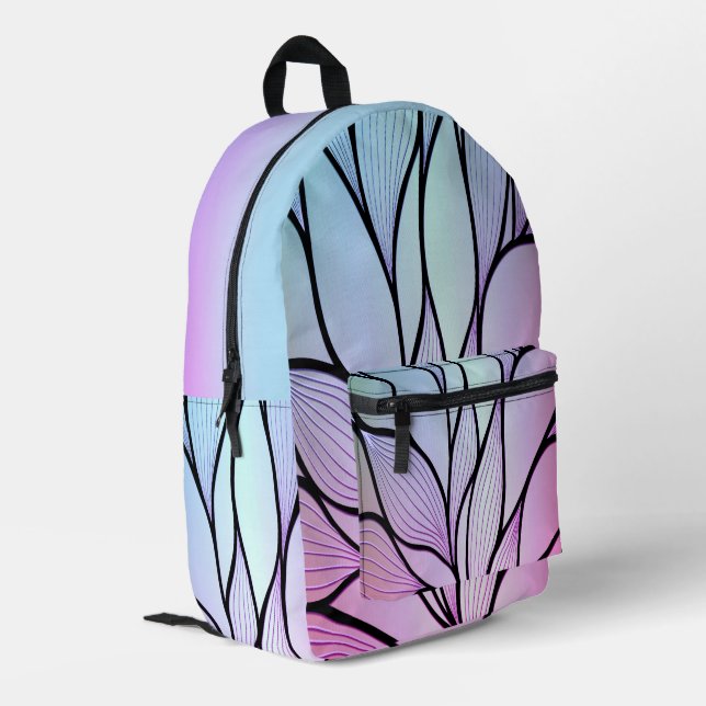 Perlglanz-Lila- und Himmelblau-Farnmuster  Bedruckter Rucksack (Rückseitige Ecke links)