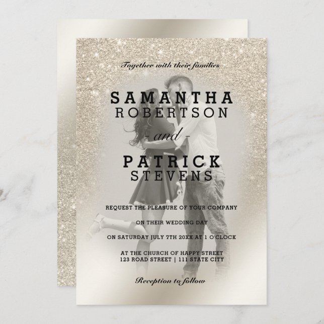 Perlmehl Glitzer ombre Metallisches Foto Hochzeit Einladung (Vorne/Hinten)