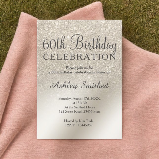 perlmuttartiger Glitzer ombre metallic 60. Geburts Einladung (pearl ivory glitter ombre metallic 60th birthday invitation)