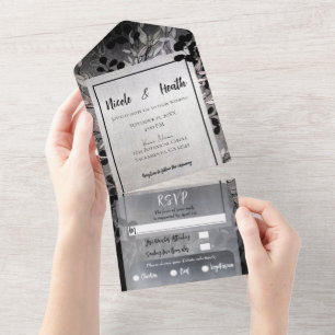 Perlmuttschimmernde glamouröse Blumenhochzeit     All In One Einladung