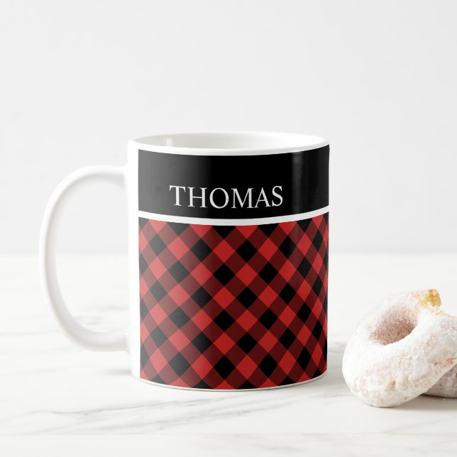 Peronalisierter Black Red Gingham Individuelle Nam Kaffeetasse (Mit Donut)