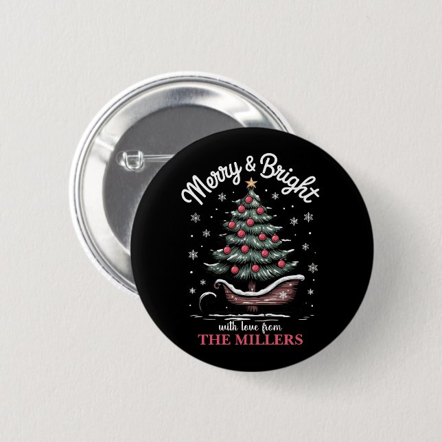 Peronalized Christmas Sleigh Tree Merry & Bright Button (Vorne & Hinten)