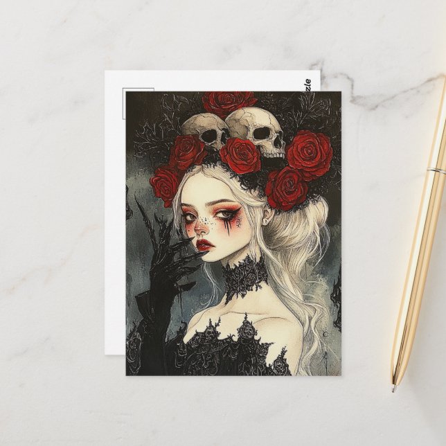 Persephone Goth Rote Rosen Skulls Postkarte (Vorderseite/Rückseite Beispiel)