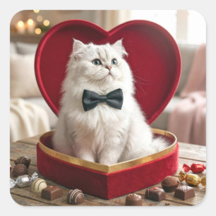 Perserkatze am Valentinstag in Schokoladenbonbon-B Quadratischer Aufkleber