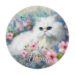 Perserkatze Blaue Augen in rosa Blumen Personalisi Schneidebrett