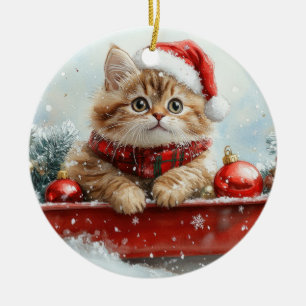 Perserkatze im Schlitten Lass es schneien Weihnach Keramik Ornament