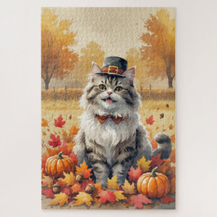 Perserkatze in Herbstlaub Erntedank Kunst Puzzle