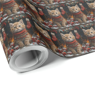 Perserkatze mit Weihnachtsgeschenken Kamin Geschenkpapier