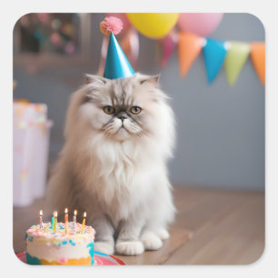 Persian Cat Birthday Party Quadratischer Aufkleber