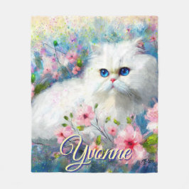 Persian Cat Blue Eyes in Pink Flowers Personalized Fleecedecke