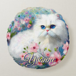Persian Cat Blue Eyes in Pink Flowers Personalized Rundes Kissen