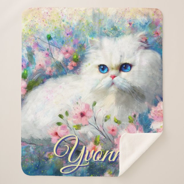 Persian Cat Blue Eyes in Pink Flowers Personalized Sherpadecke (Vorderseite)