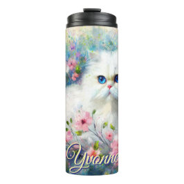 Persian Cat Blue Eyes in Pink Flowers Personalized Thermosbecher
