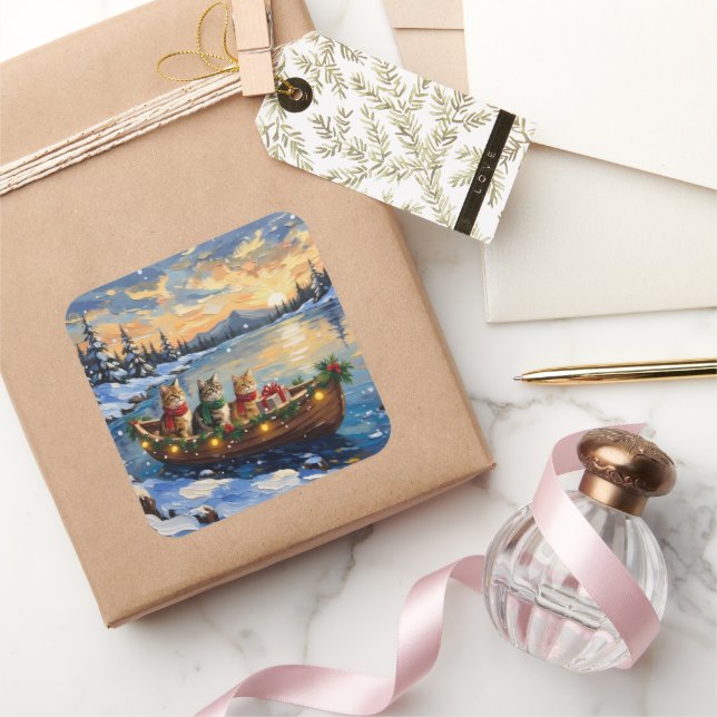 Persian Cat Christmas Boat Holiday Quadratischer Aufkleber (Schenken)