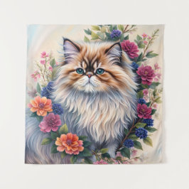 Persian Cat Colorful Floral Portrait Wandteppich