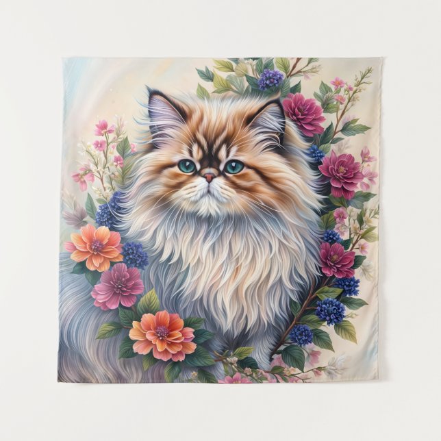 Persian Cat Colorful Floral Portrait Wandteppich (Vorderseite)