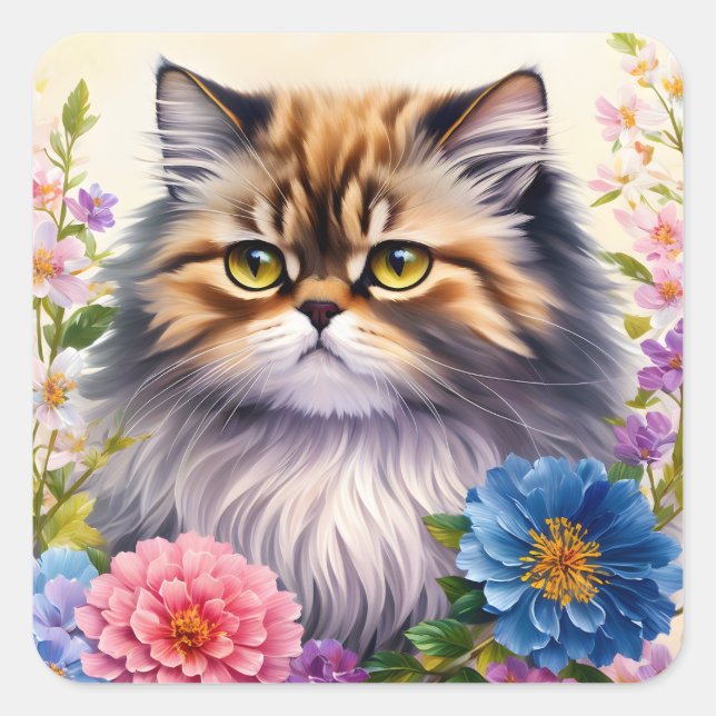 Persian Cat Floral Art Quadratischer Aufkleber (Vorderseite)