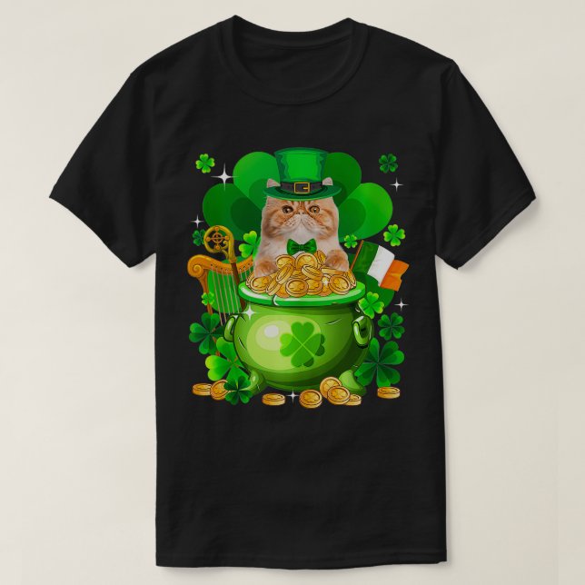 Persian Cat Gold Pot Kleeblatt St Patricks Day T-Shirt (Design vorne)