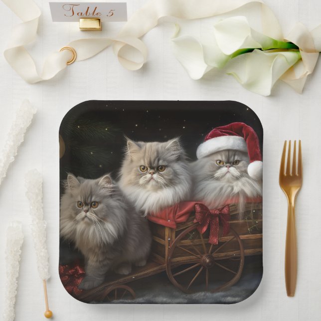 Persian Cat Snowy Sleigh Weihnachtsdekor Pappteller (Hochzeit)