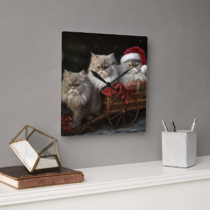 Persian Cat Snowy Sleigh Weihnachtsdekor Quadratische Wanduhr