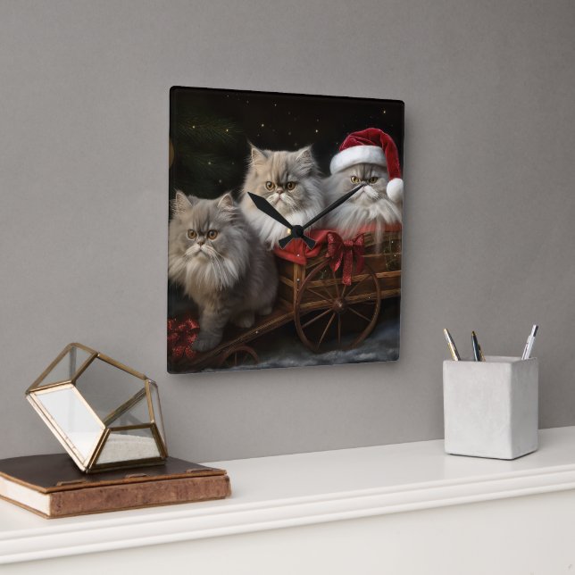 Persian Cat Snowy Sleigh Weihnachtsdekor Quadratische Wanduhr (Büro)