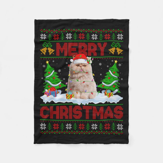 Persian Cat Ugly Xmas Sweater Funny Animal Lights  Fleecedecke (Vorderseite)