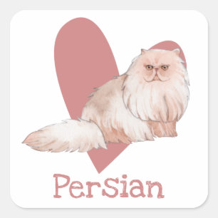 Persian Cat Watercolor Kitty Pink Heart Quadratischer Aufkleber