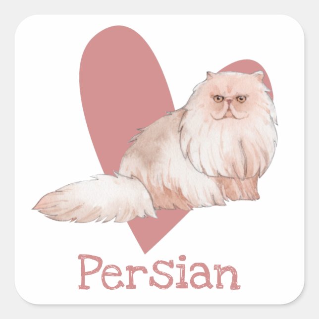 Persian Cat Watercolor Kitty Pink Heart Quadratischer Aufkleber (Vorderseite)