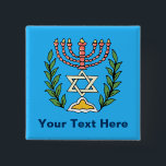 Persian Magen David Menorah Button<br><div class="desc">Dieses Bild wurde aus einer antiken persischen jüdischen Fliese mit einer Menorah mit einem Magen David (Stern von David) gerahmt von Olivenzweigen. Die Unvollkommenheiten des originalen, handbemalten Bildes wurden bewahrt.</div>