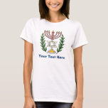 Persian Magen David Menorah T-Shirt<br><div class="desc">Dieses Bild wurde aus einer antiken persischen jüdischen Fliese mit einer Menorah mit einem Magen David (Stern von David) gerahmt von Olivenzweigen. Die Unvollkommenheiten des originalen,  handbemalten Bildes wurden bewahrt.</div>