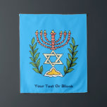 Persian Magen David Menorah Wandteppich<br><div class="desc">Dieses Bild wurde aus einer antiken persischen jüdischen Fliese mit einer Menorah mit einem Magen David (Stern von David) gerahmt von Olivenzweigen. Die Unvollkommenheiten des originalen, handbemalten Bildes wurden bewahrt. Fügen Sie Ihren eigenen Text zu anpassen.</div>
