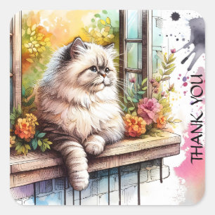 Persisch Beige Gray Cat in Window Summer Blume Quadratischer Aufkleber