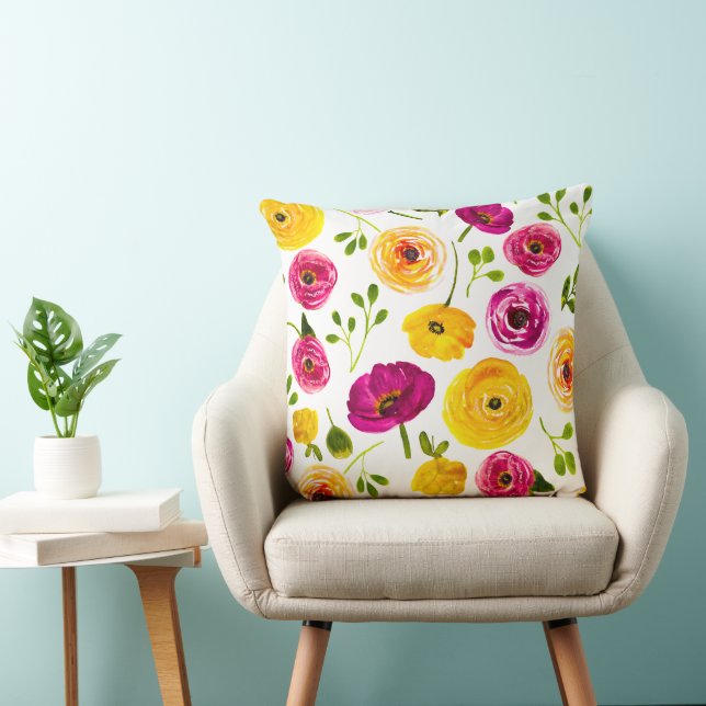 Persische Buttercups Aquarellfarben Rosa und Gelb Kissen (Stuhl )