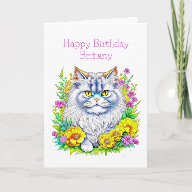 Persische Cat-Blume Personalisiert Geburtstag Karte (Vorderseite)