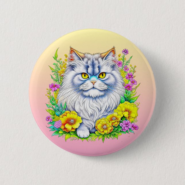 Persische Katze bei Blume Personalisiert Button (Vorderseite)
