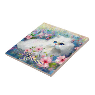 Persische Katze Blaue Augen in rosa Blumen Persona Fliese