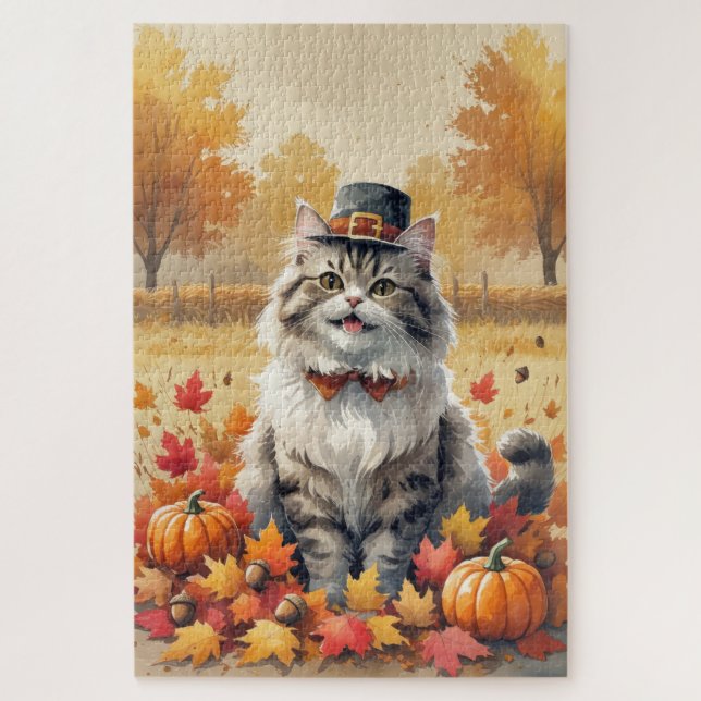Persische Katze im Herbst hinterlässt Erntedank Ku Puzzle (Vertikal)