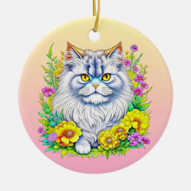 Persische Katze in Blume Personalisiert Weihnachte Keramik Ornament (Vorne)