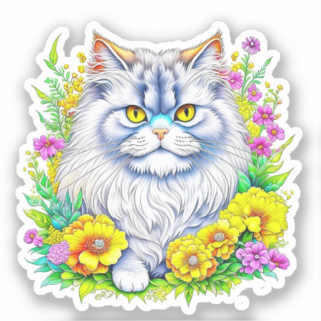 Persische Katze in Gelb und Rosa Blume Aufkleber (Vorderseite)
