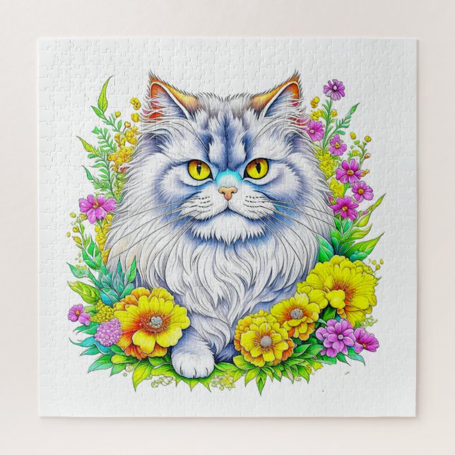 Persische Katze in Gelb und Rosa Blume Puzzle (Vertikal)