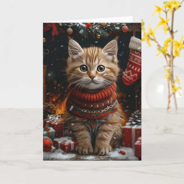 Persische Katze mit Weihnachtsgeschenken Kamin Karte (Gelbe Blume)