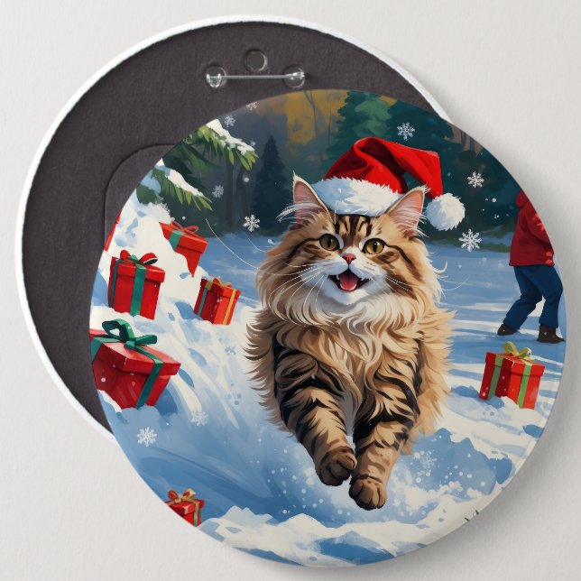 Persische Katze sitzt im Schnee mit Weihnachtshut Button (Vorne & Hinten)
