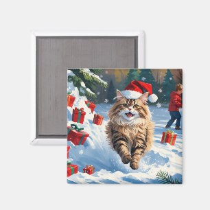 Persische Katze sitzt im Schnee mit Weihnachtshut Magnet