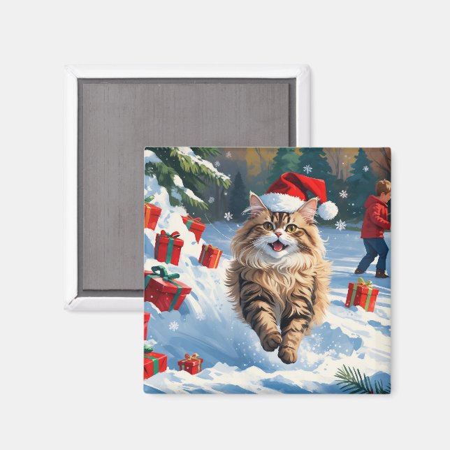 Persische Katze sitzt im Schnee mit Weihnachtshut Magnet (Vorderseite/Rückseite)