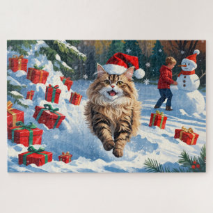 Persische Katze sitzt im Schnee mit Weihnachtshut Puzzle