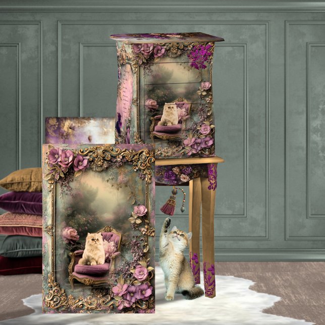 Persische Katze, Vintages Shabby Chic und Blumenmu Seidenpapier (Vintage, Shabby Chic, Persian Cat, Ornate & Floral, Dusty Green and Purple, Furniture Decoupage )