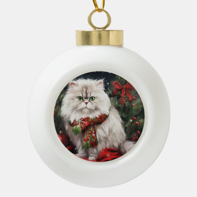 Persische Katze zu Schnee Weihnachten Keramik Kugel-Ornament (Vorderseite)