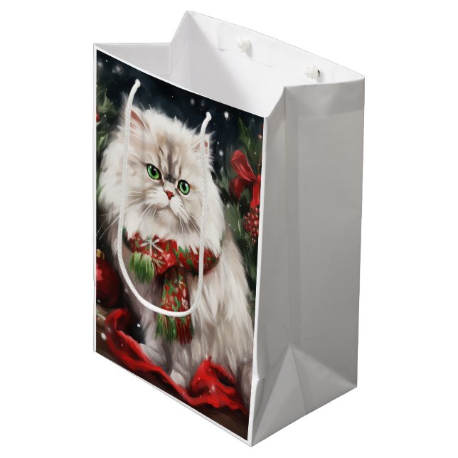 Persische Katze zu Schnee Weihnachten Mittlere Geschenktüte (Vorderseite Schrägansicht)