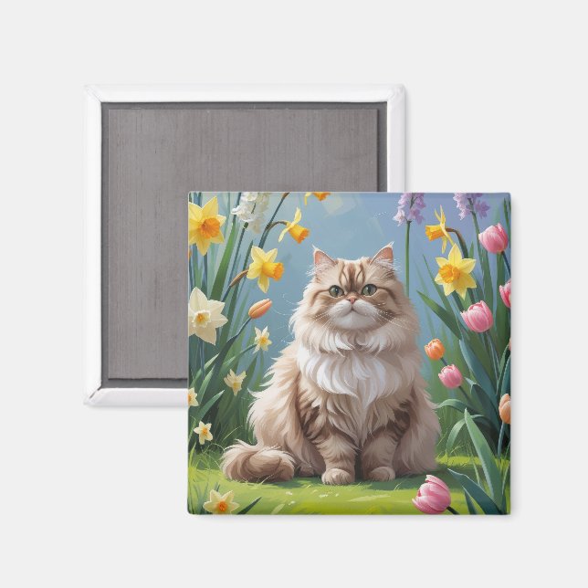 Persische Katzen Frühlingsblumen Malerei Magnet (Vorderseite/Rückseite)