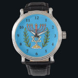 Persische Menorah und Magen David Armbanduhr<br><div class="desc">Dieses Bild wurde aus einer antiken persischen jüdischen Fliese mit einer Menorah mit einem Magen David (Stern von David) gerahmt von Olivenzweigen. Die Unvollkommenheiten des originalen,  handbemalten Bildes wurden bewahrt.</div>